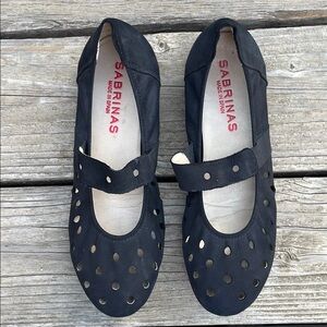 Sabrinas Black Suede Flat Mary Jane Perforated Ballet Ballerina Shoe Slip-On